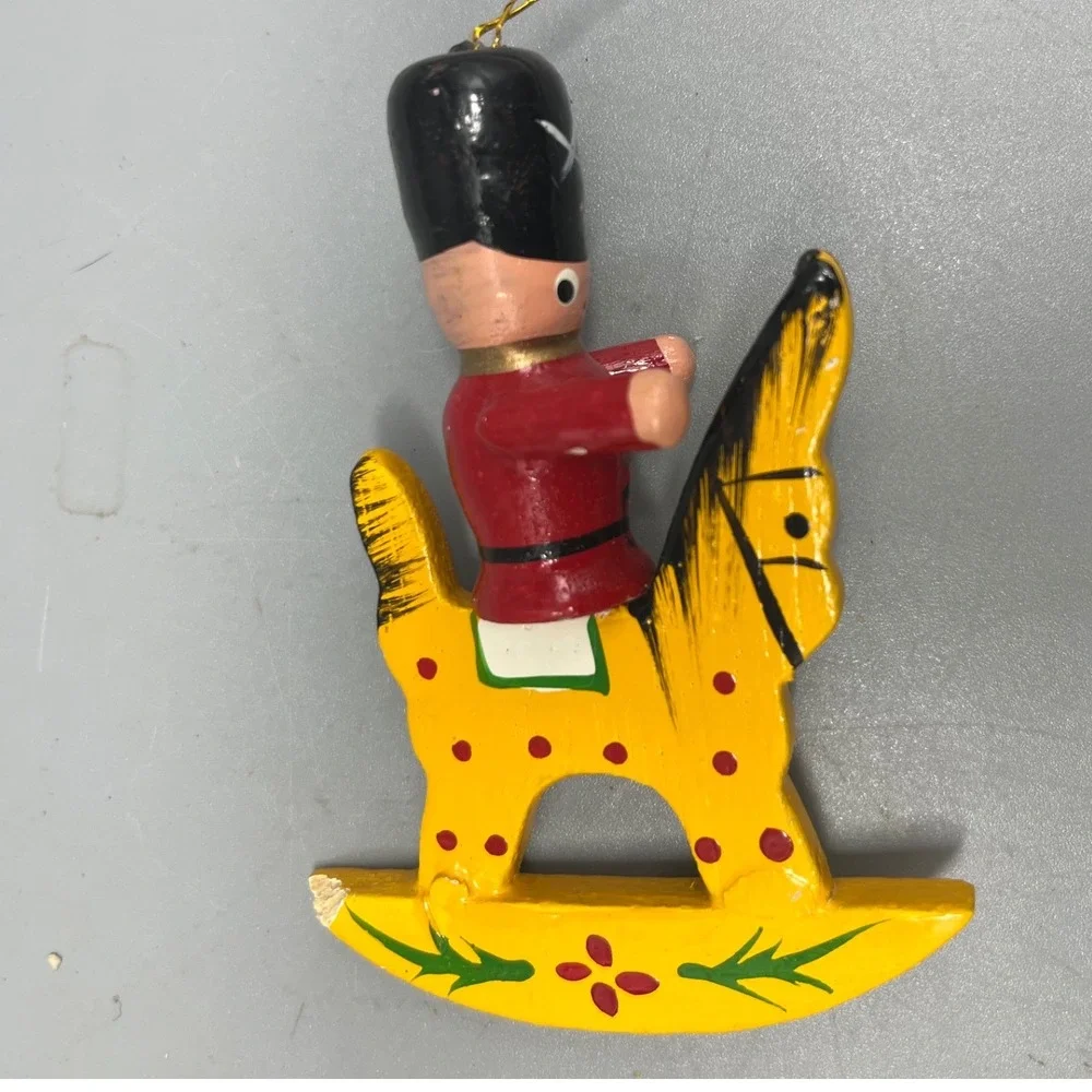 Vintage‎ Soldier on Wooden Rocking Horse Ornament Yellow Toy Pony Red